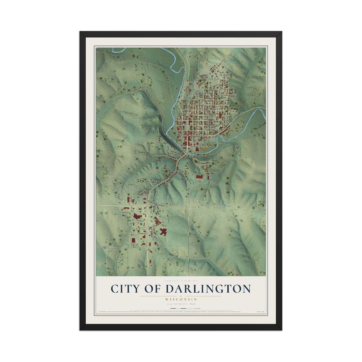 Map of Darlington, Wisconsin, 12 x 18 inch print in a black wood frame