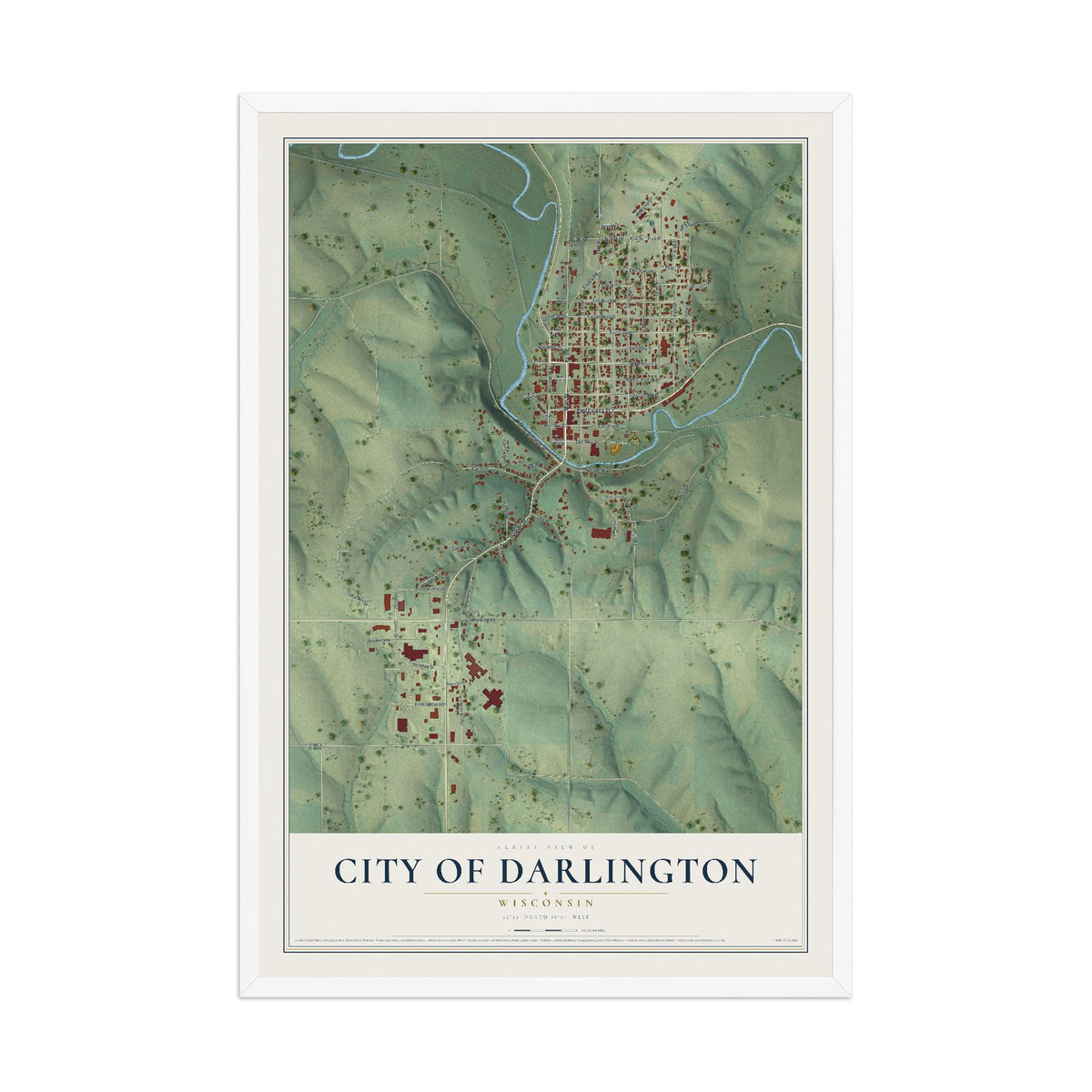 Map of Darlington, Wisconsin, 12 x 18 inch print in a white wood frame