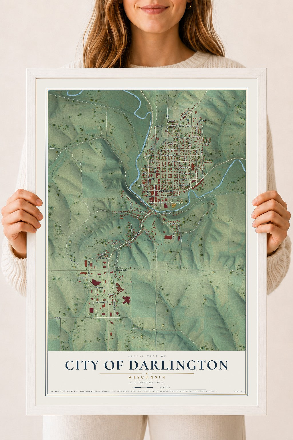 Map of Darlington, Wisconsin, 18 x 24 inch print in a white wood frame