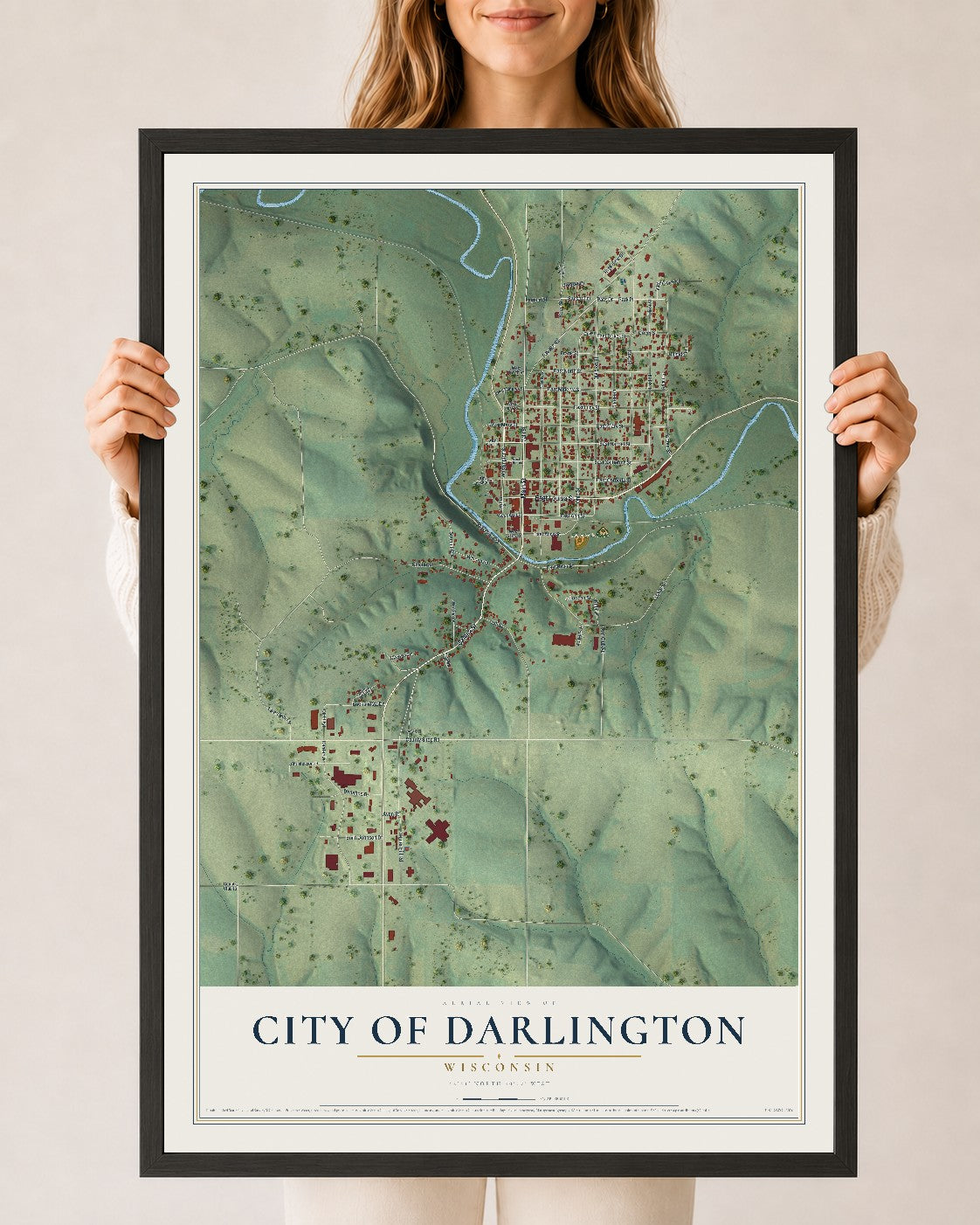 Map of Darlington, Wisconsin, 24 x 36 inch print in a black wood frame