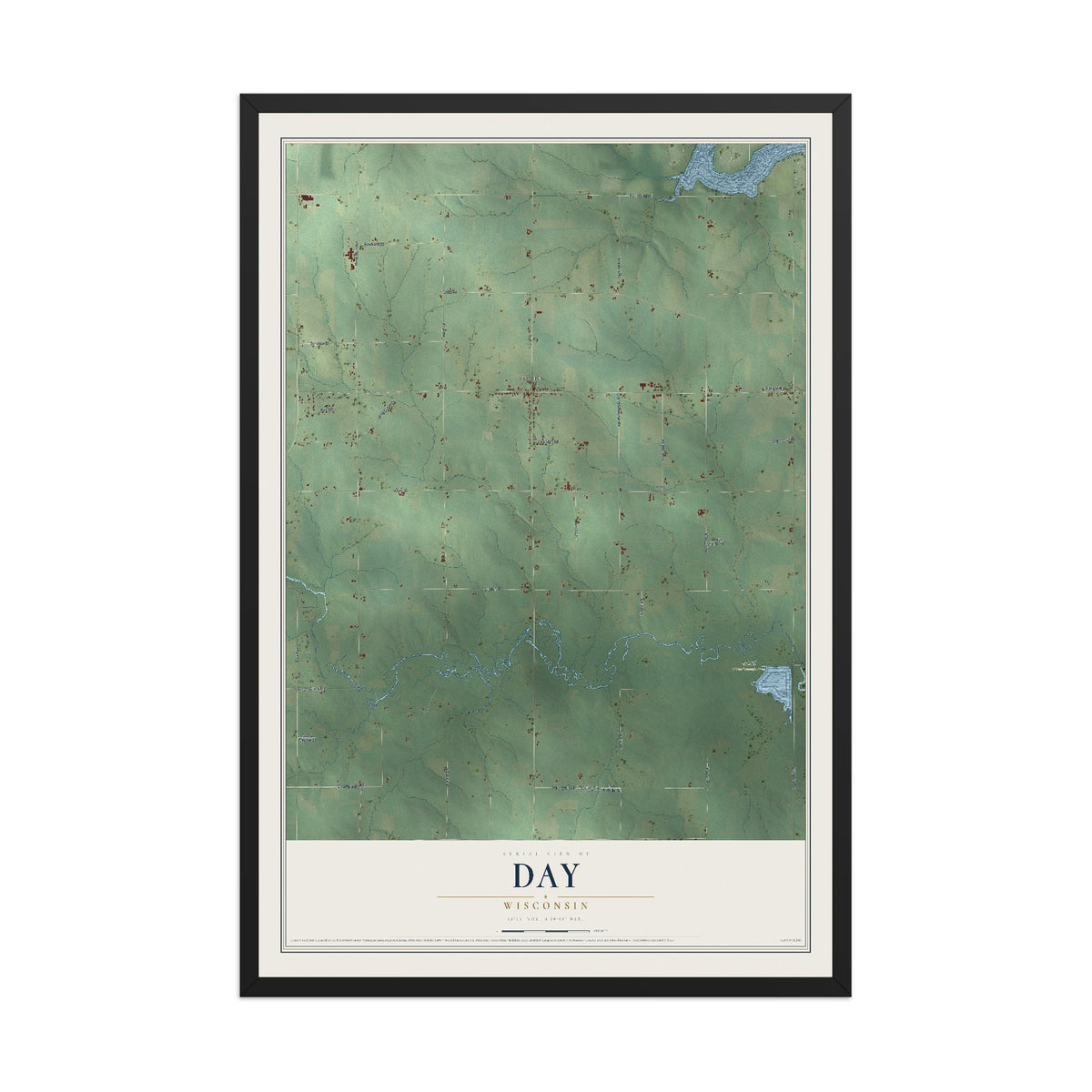 Map of Day, Wisconsin, 12 x 18 inch print in a black wood frame