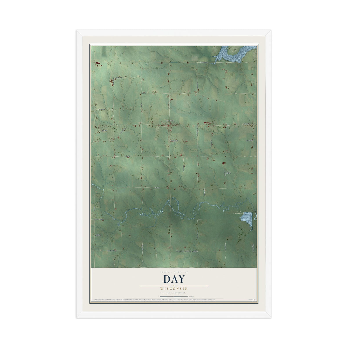 Map of Day, Wisconsin, 12 x 18 inch print in a white wood frame