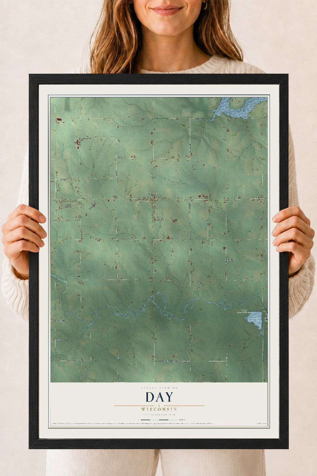 Map of Day, Wisconsin, 18 x 24 inch print in a black wood frame