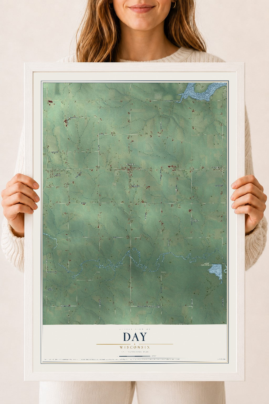 Map of Day, Wisconsin, 18 x 24 inch print in a white wood frame