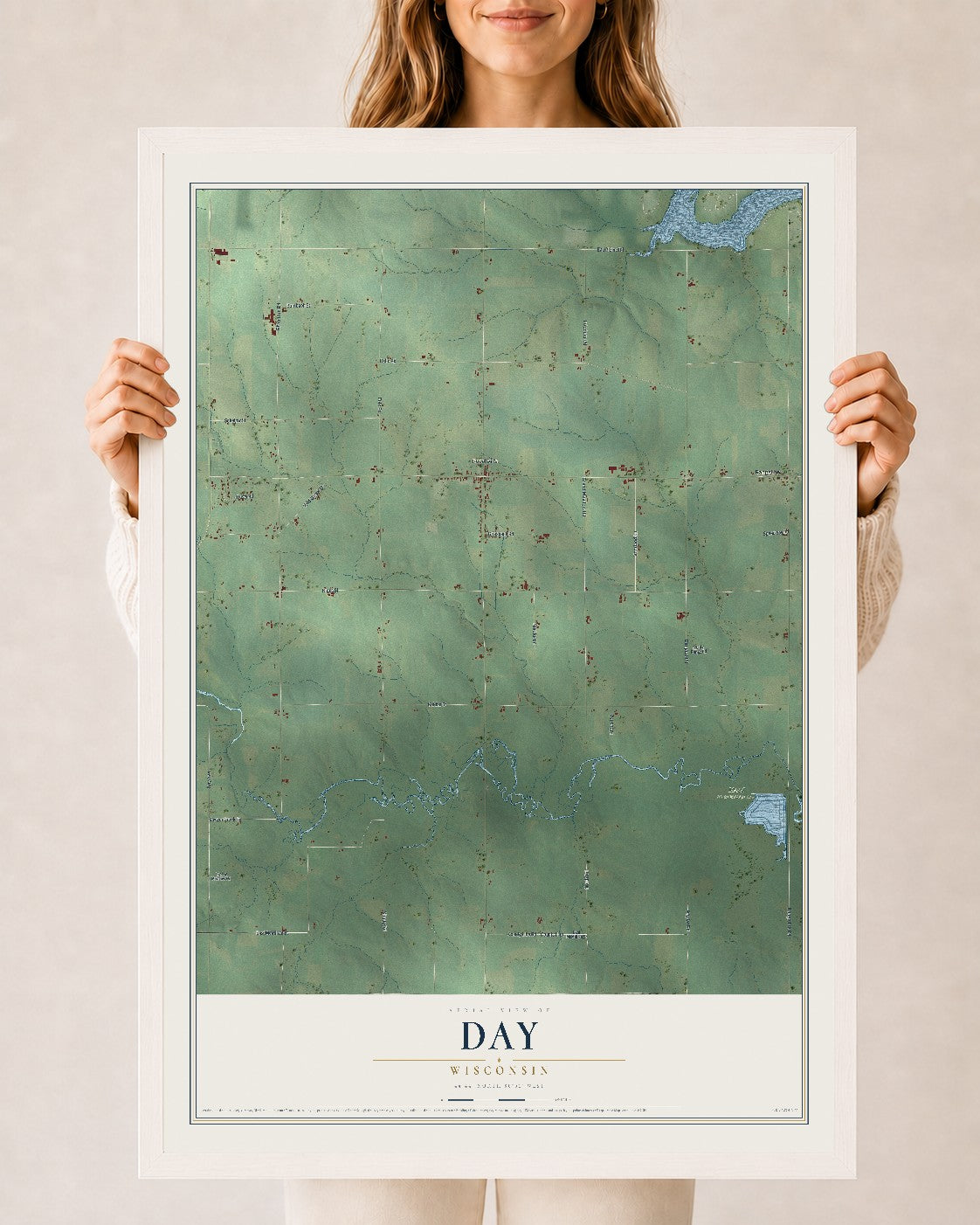 Map of Day, Wisconsin, 24 x 36 inch print in a white wood frame