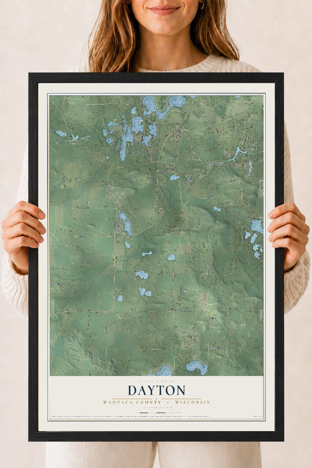 Map of Dayton, Waupaca County, Wisconsin, 18 x 24 inch print in a black wood frame