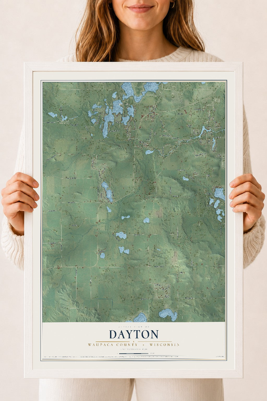 Map of Dayton, Waupaca County, Wisconsin, 18 x 24 inch print in a white wood frame