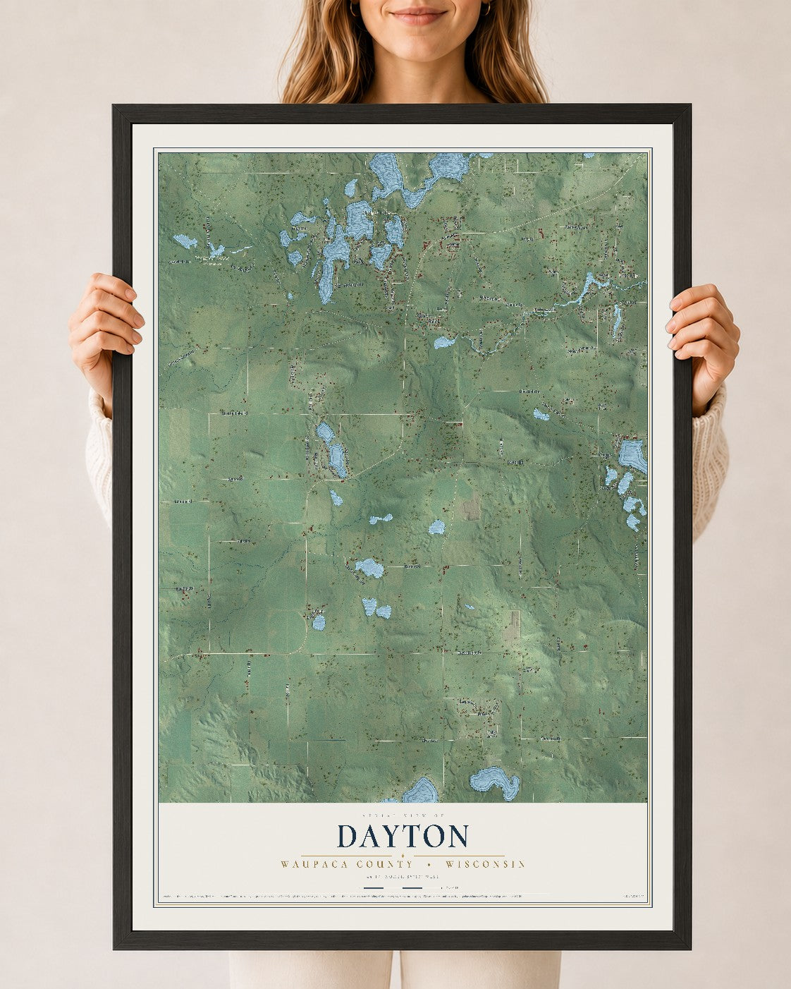 Map of Dayton, Waupaca County, Wisconsin, 24 x 36 inch print in a black wood frame