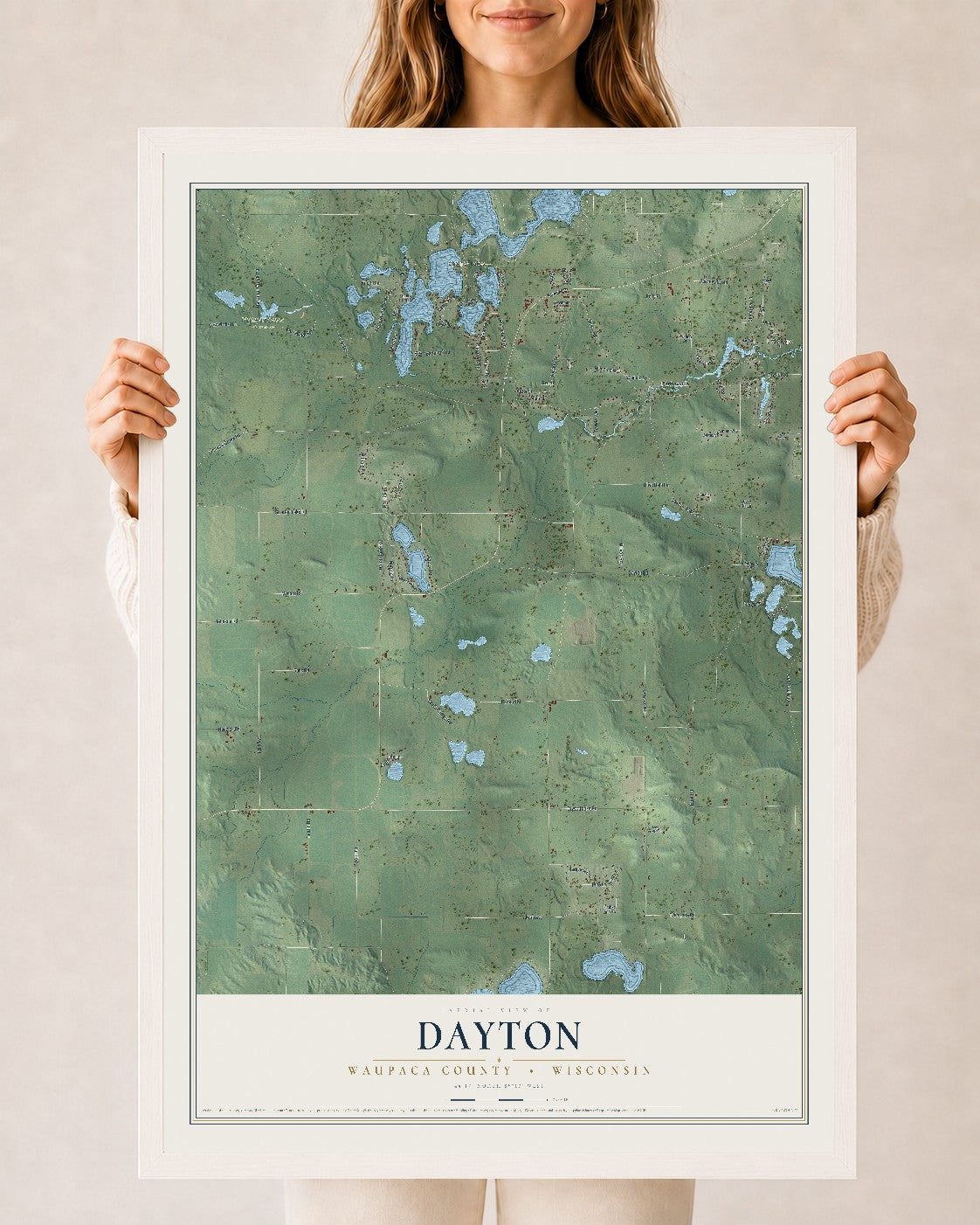 Map of Dayton, Waupaca County, Wisconsin, 24 x 36 inch print in a white wood frame