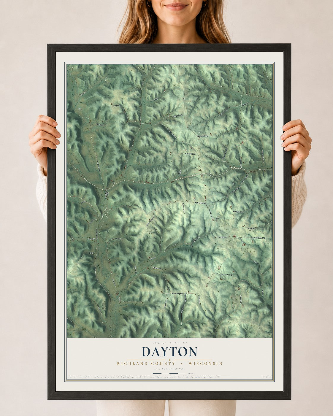Map of Dayton, Richland County, Wisconsin, 24 x 36 inch print in a black wood frame