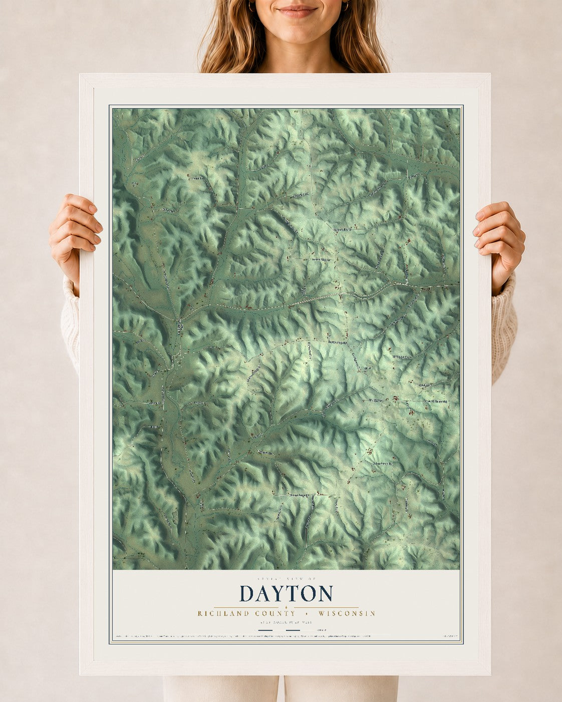 Map of Dayton, Richland County, Wisconsin, 24 x 36 inch print in a white wood frame