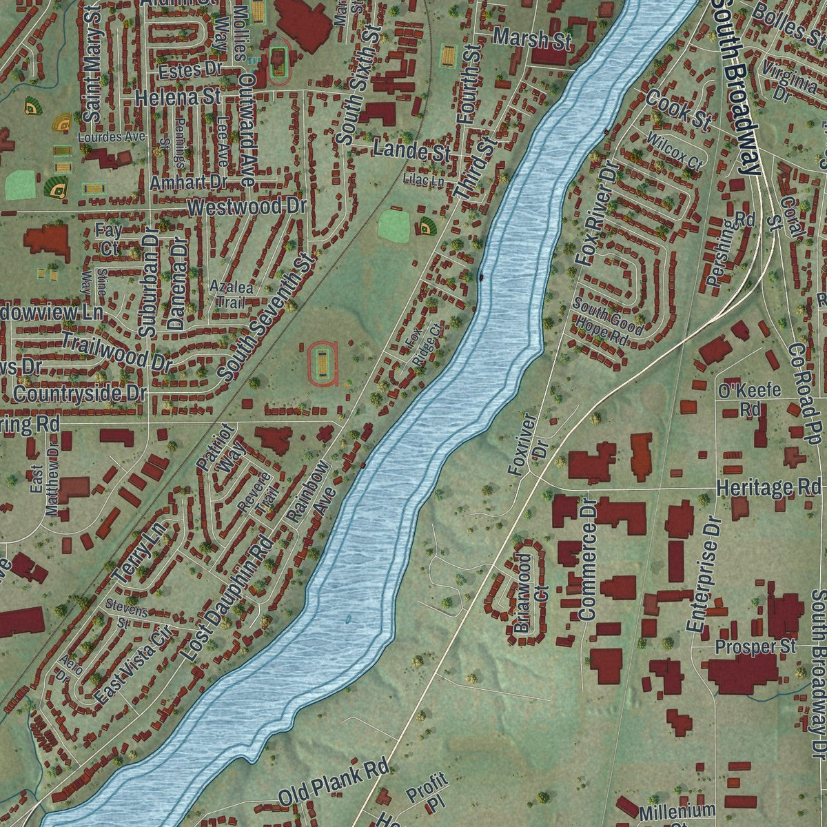 Close-up of the map of De Pere, Wisconsin print showing street and building detail