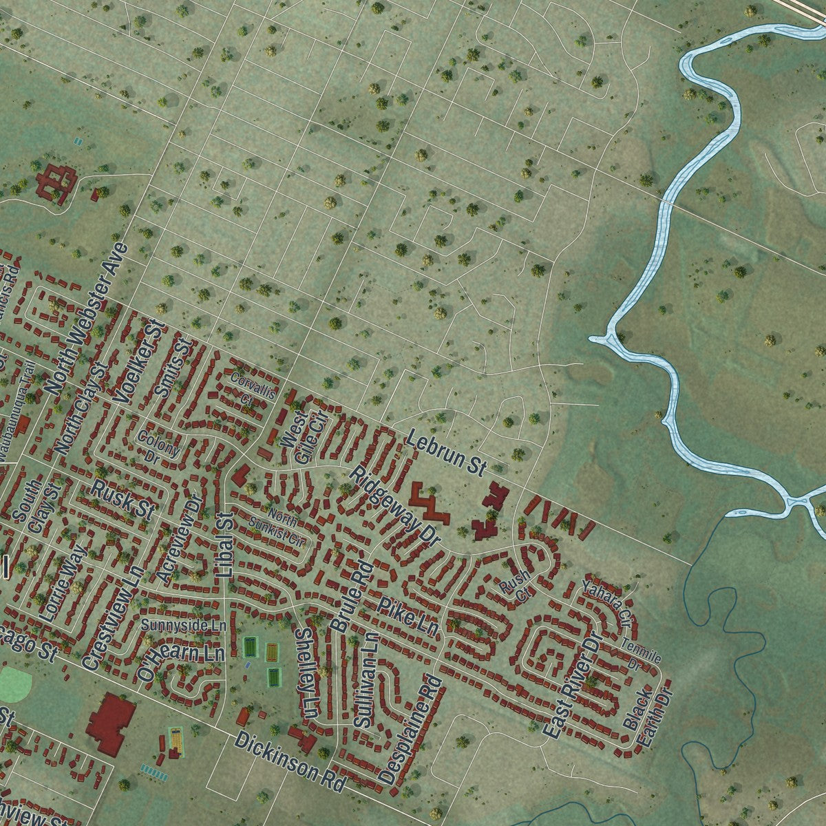 Second close-up of the map of De Pere, Wisconsin print showing more streets and buildings