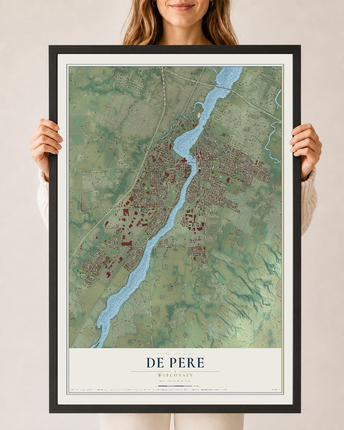 Map of De Pere, Wisconsin, 24 x 36 inch print in a black wood frame