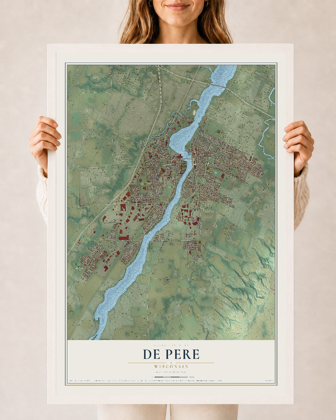 Map of De Pere, Wisconsin, 24 x 36 inch print in a white wood frame