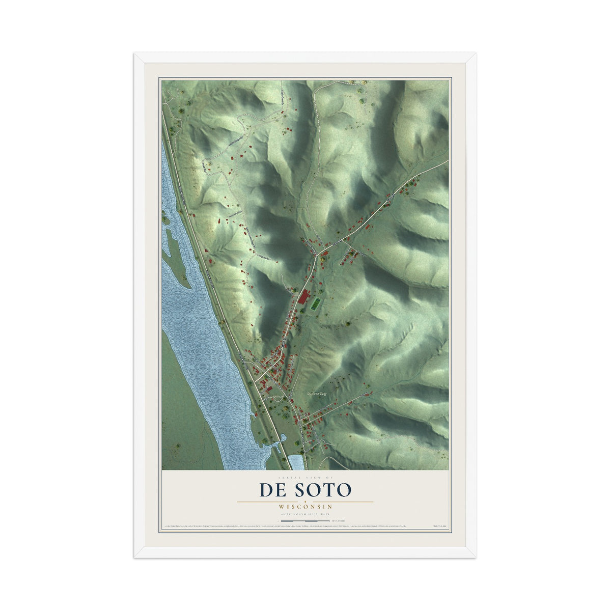 Map of De Soto, Wisconsin, 12 x 18 inch print in a white wood frame