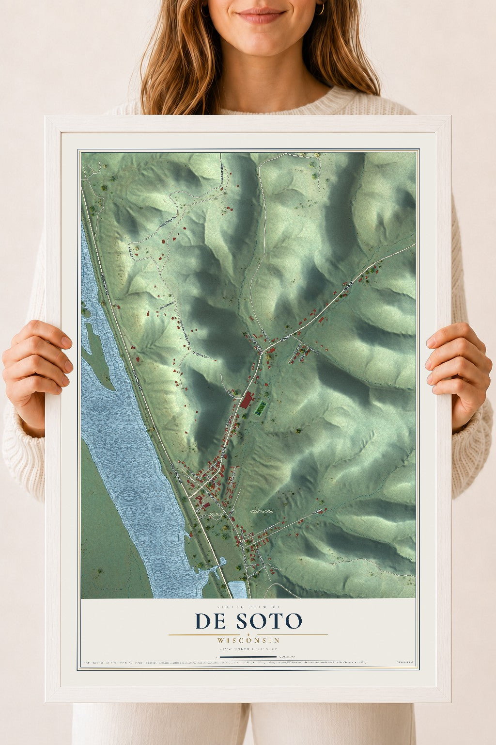 Map of De Soto, Wisconsin, 18 x 24 inch print in a white wood frame