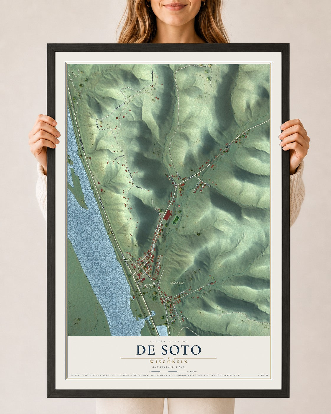 Map of De Soto, Wisconsin, 24 x 36 inch print in a black wood frame
