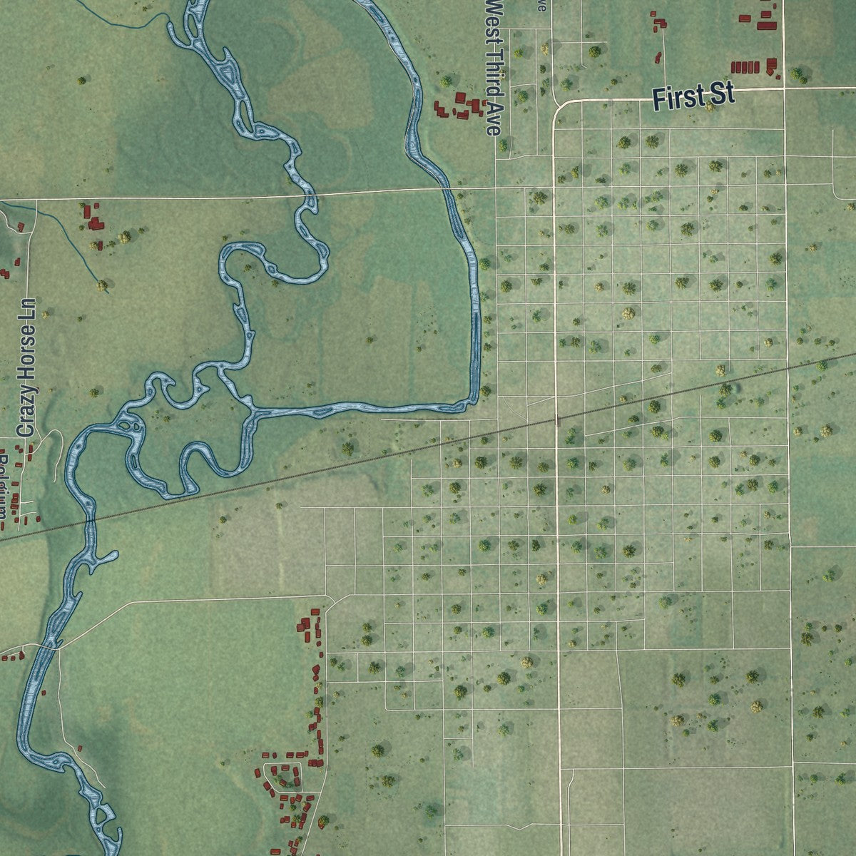 Close-up of the map of Decatur, Wisconsin print showing street and building detail