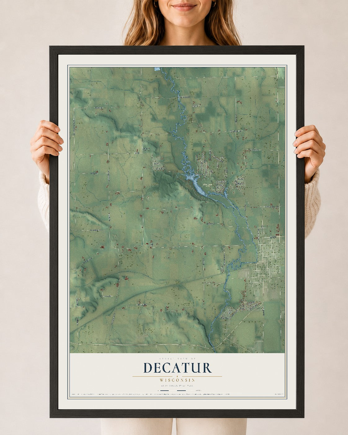 Map of Decatur, Wisconsin, 24 x 36 inch print in a black wood frame