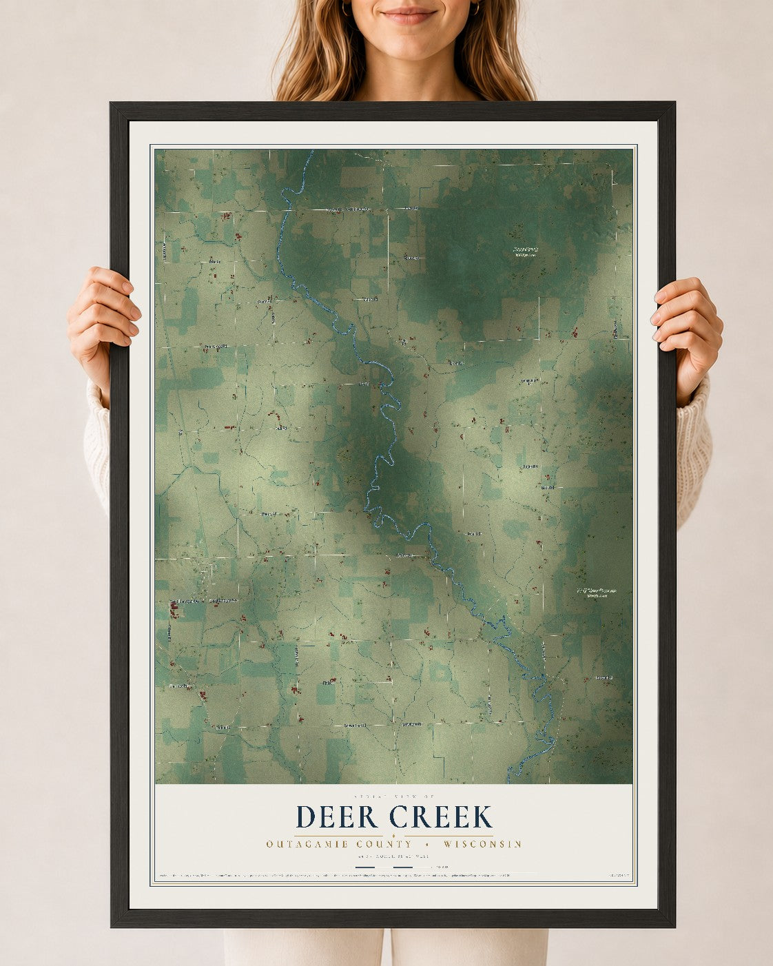 Map of Deer Creek, Outagamie County, Wisconsin, 24 x 36 inch print in a black wood frame