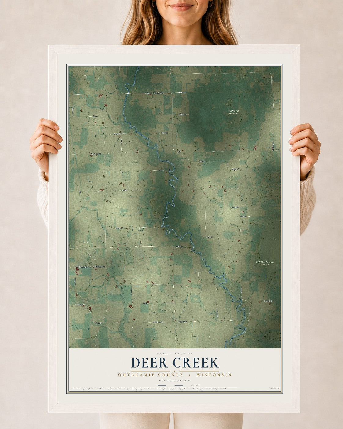 Map of Deer Creek, Outagamie County, Wisconsin, 24 x 36 inch print in a white wood frame