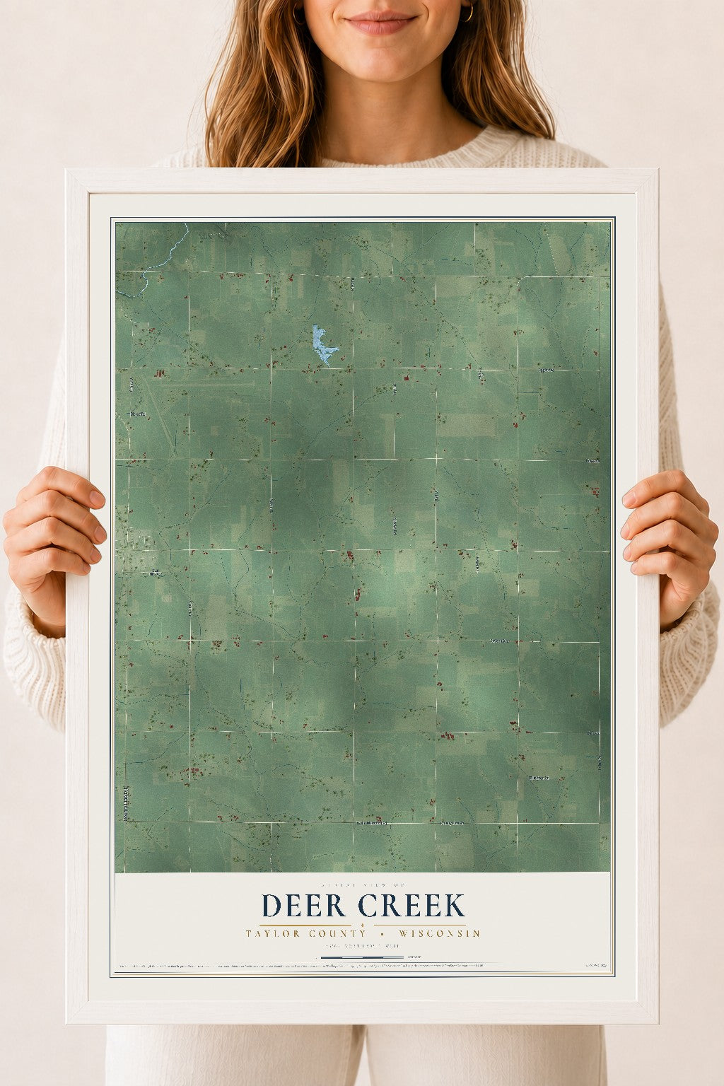 Map of Deer Creek, Taylor County, Wisconsin, 18 x 24 inch print in a white wood frame