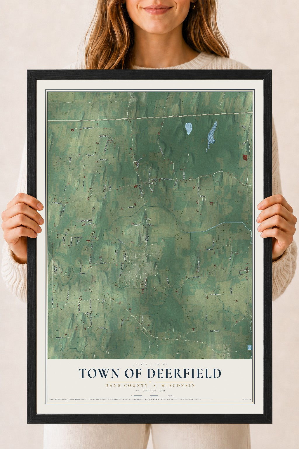 Map of the Town of Deerfield, Dane County, Wisconsin, 18 x 24 inch print in a black wood frame