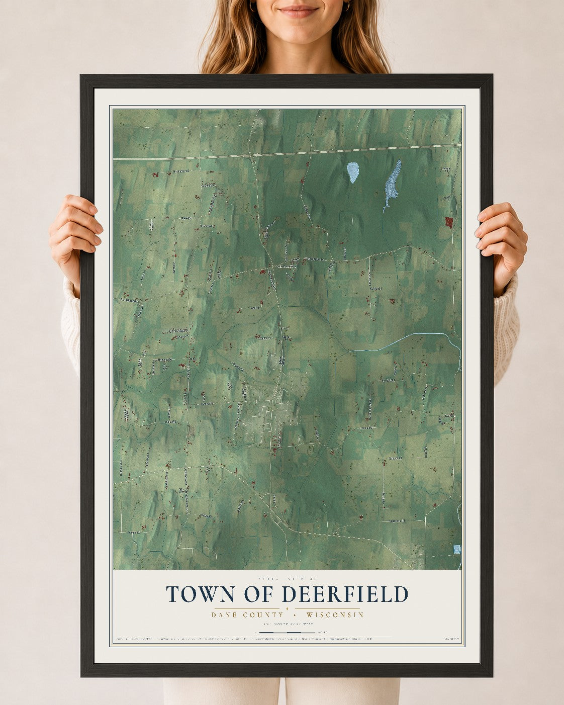 Map of the Town of Deerfield, Dane County, Wisconsin, 24 x 36 inch print in a black wood frame