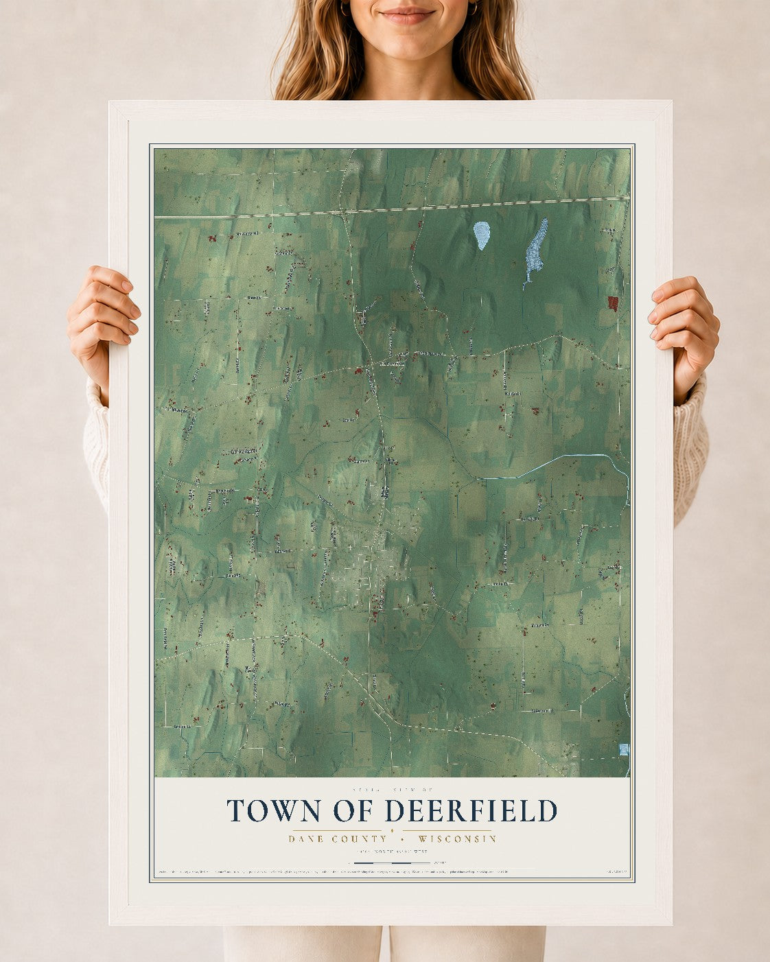 Map of the Town of Deerfield, Dane County, Wisconsin, 24 x 36 inch print in a white wood frame