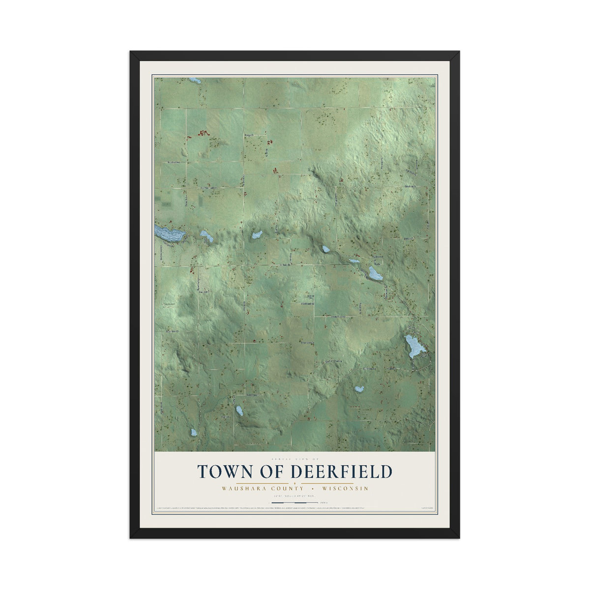 Map of the Town of Deerfield, Waushara County, Wisconsin, 12 x 18 inch print in a black wood frame