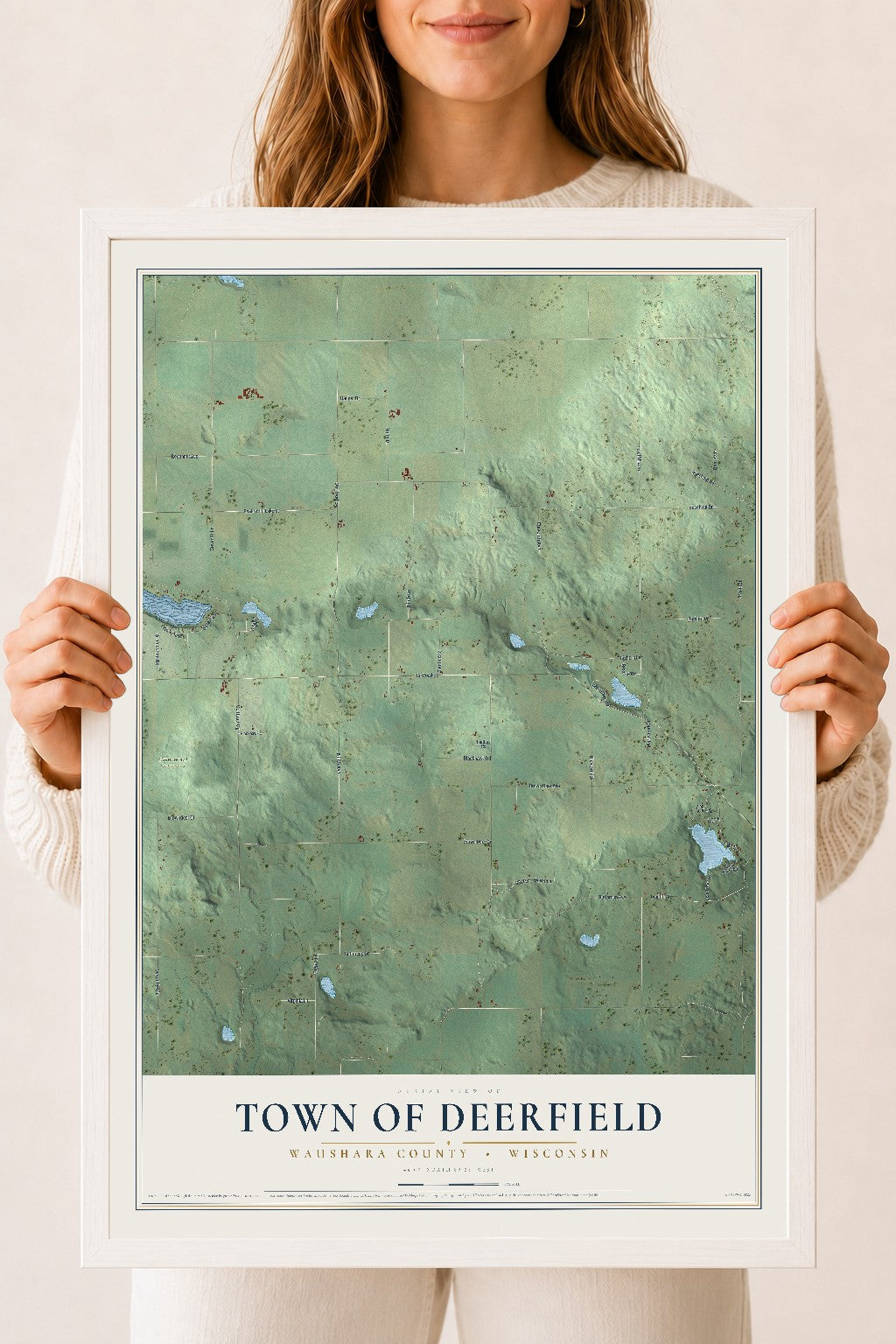 Map of the Town of Deerfield, Waushara County, Wisconsin, 18 x 24 inch print in a white wood frame