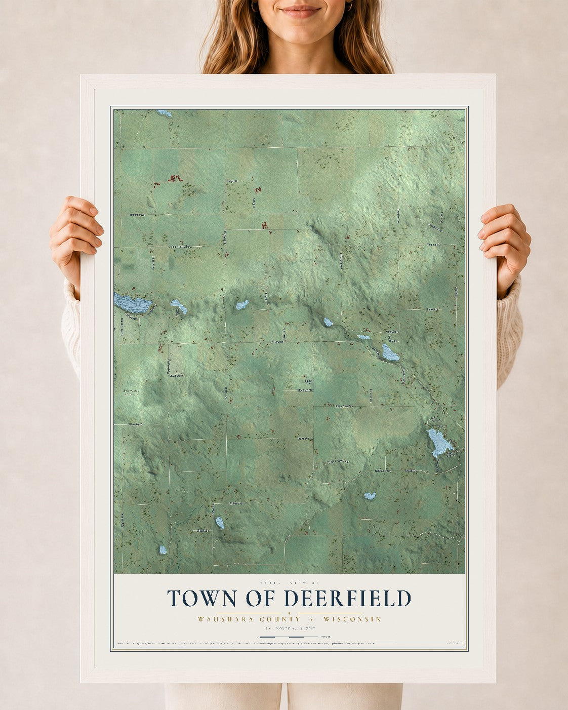 Map of the Town of Deerfield, Waushara County, Wisconsin, 24 x 36 inch print in a white wood frame