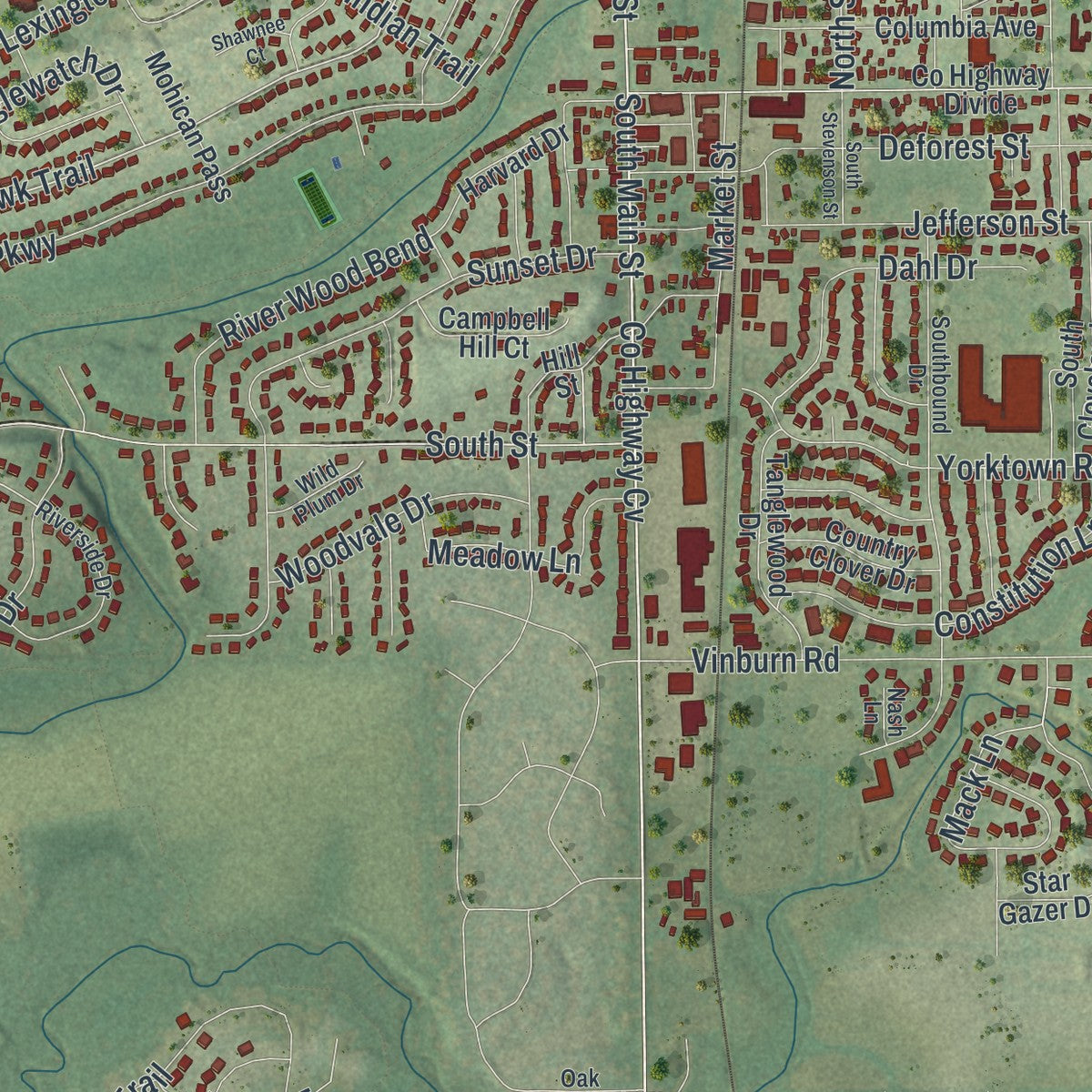 Close-up of the map of DeForest, Wisconsin print showing street and building detail