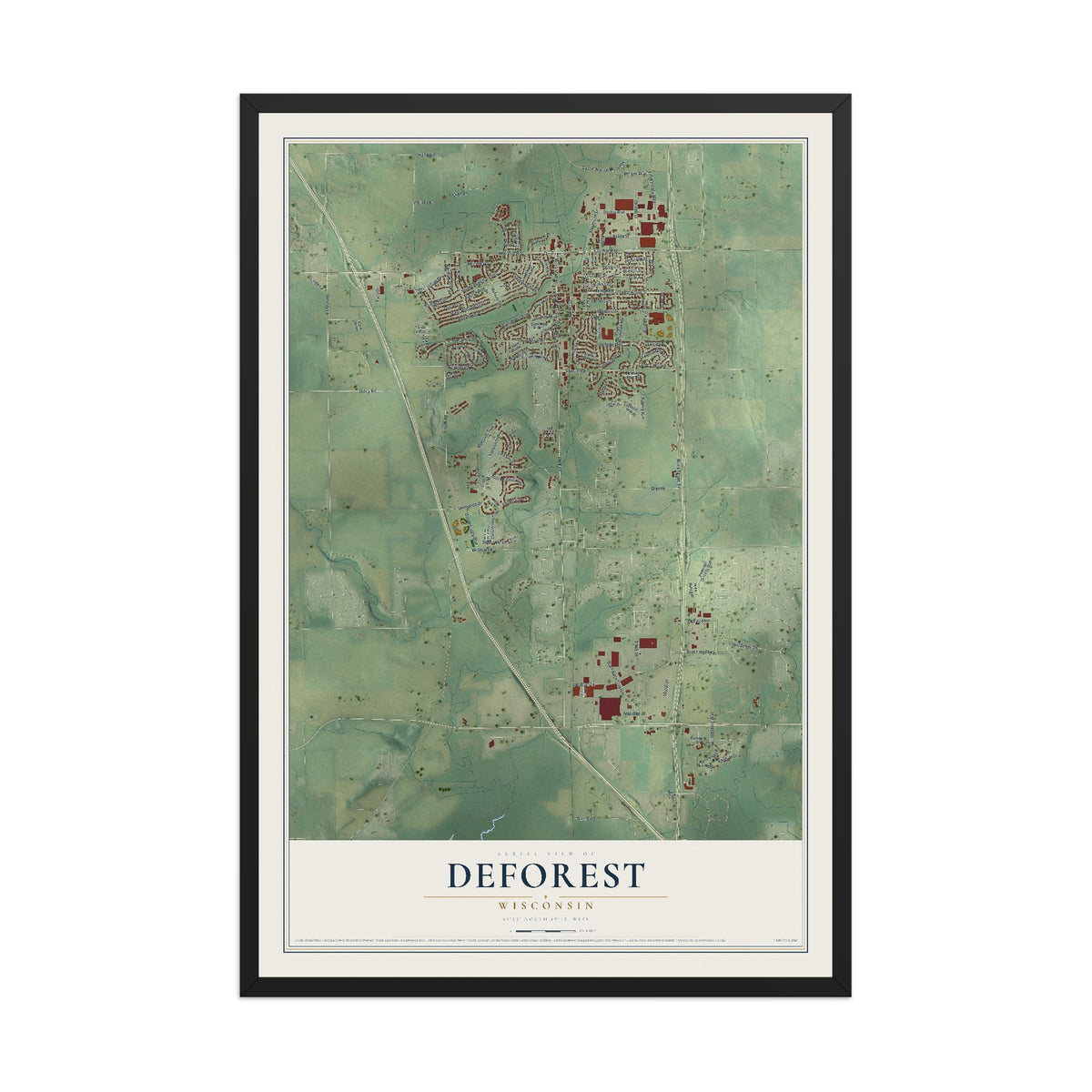 Map of DeForest, Wisconsin, 12 x 18 inch print in a black wood frame