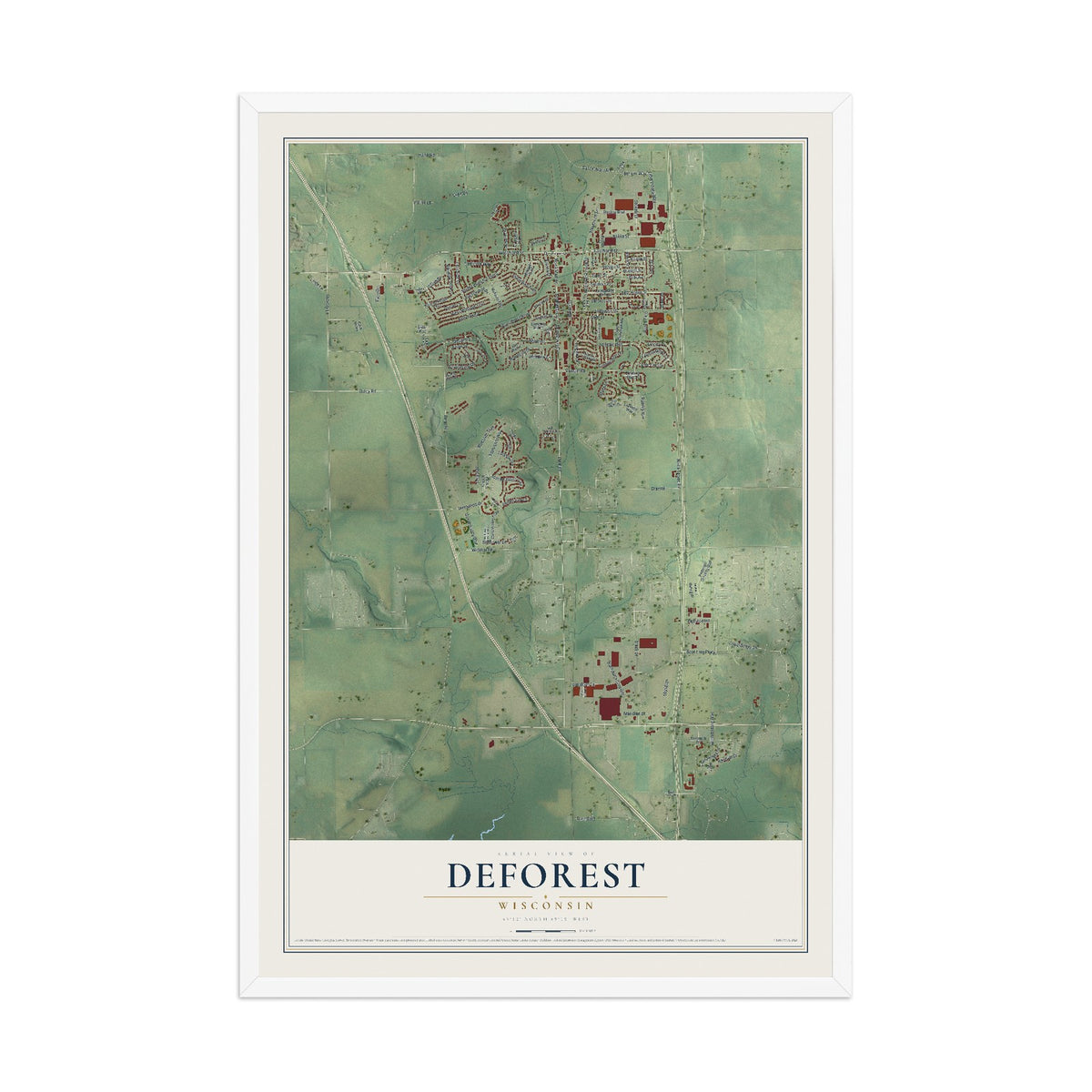 Map of DeForest, Wisconsin, 12 x 18 inch print in a white wood frame