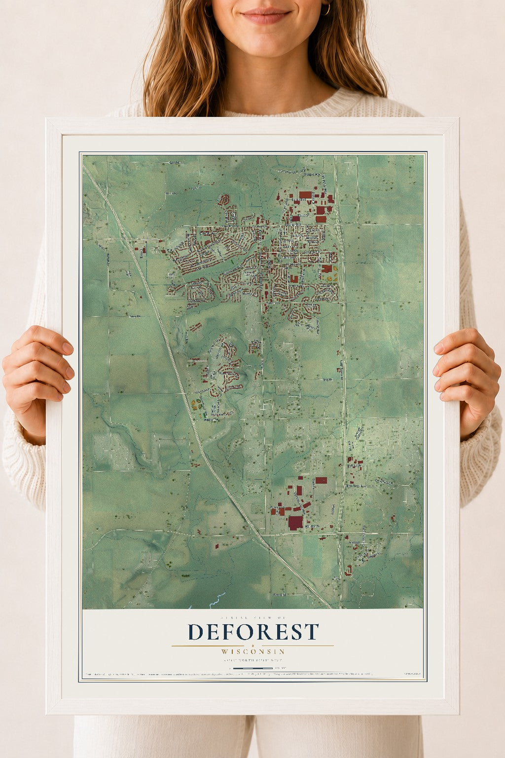 Map of DeForest, Wisconsin, 18 x 24 inch print in a white wood frame