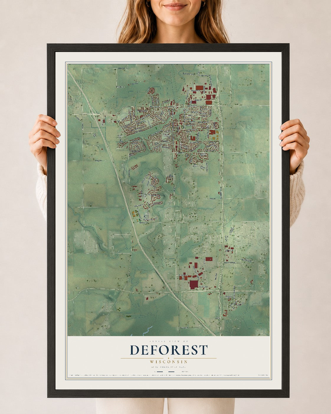Map of DeForest, Wisconsin, 24 x 36 inch print in a black wood frame