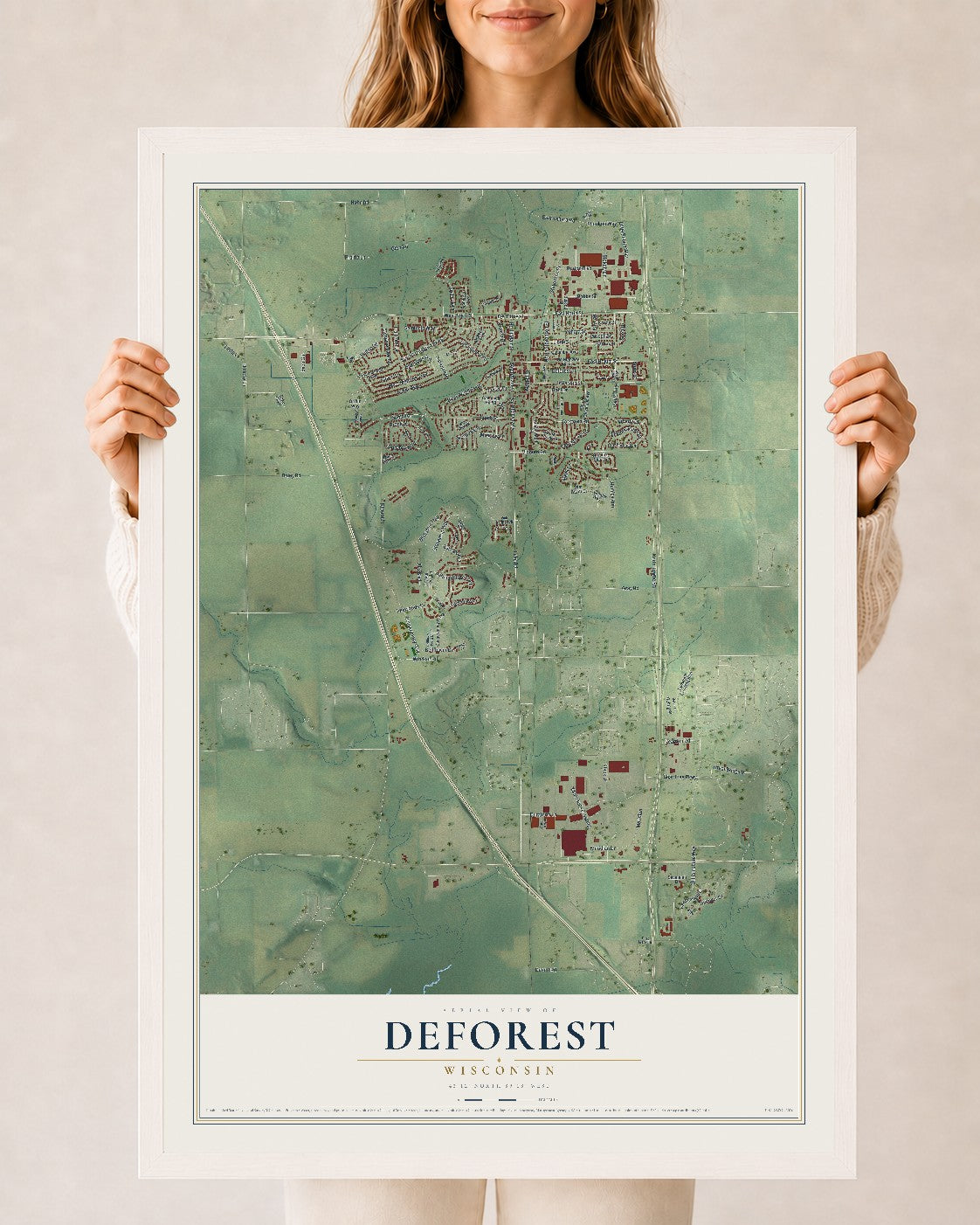 Map of DeForest, Wisconsin, 24 x 36 inch print in a white wood frame