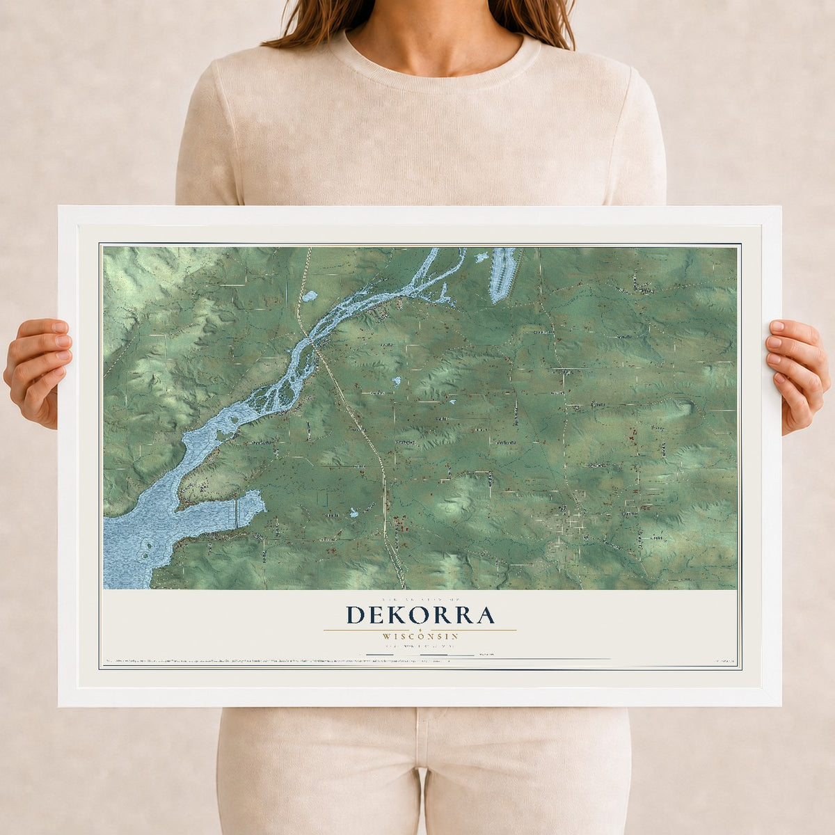 Map of Dekorra, Wisconsin, 12 x 18 inch print in a white wood frame