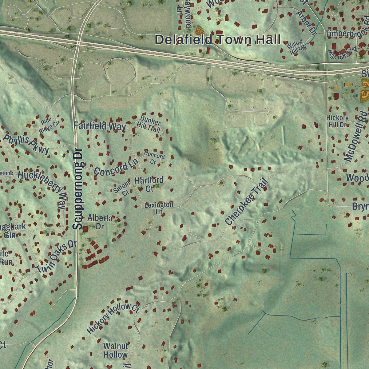 Close-up of the map of the Town of Delafield, Wisconsin print showing street and building detail