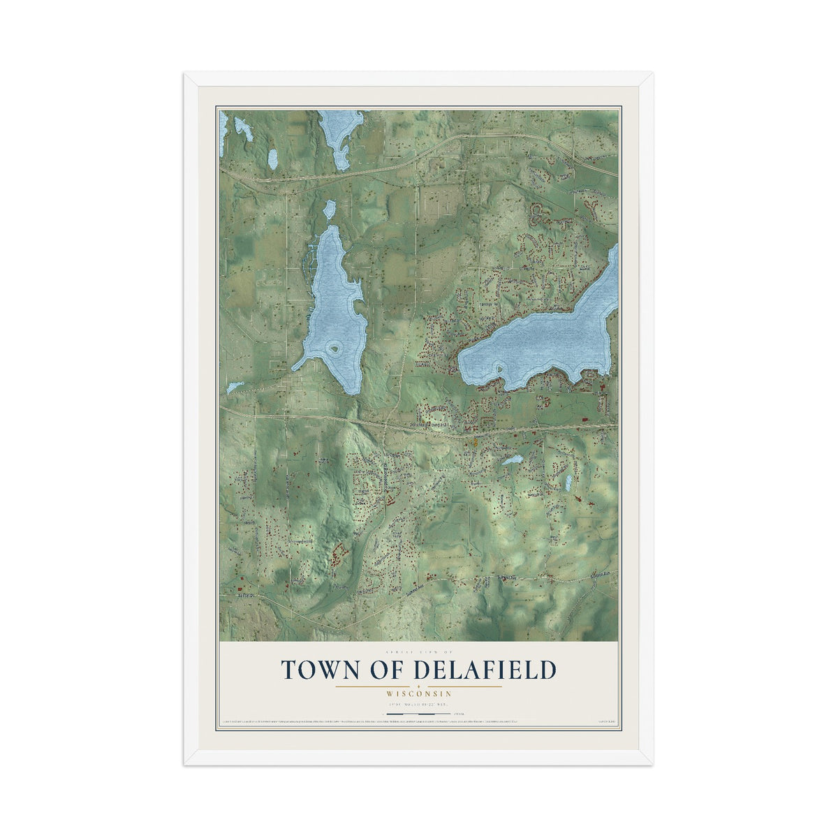 Map of the Town of Delafield, Wisconsin, 12 x 18 inch print in a white wood frame