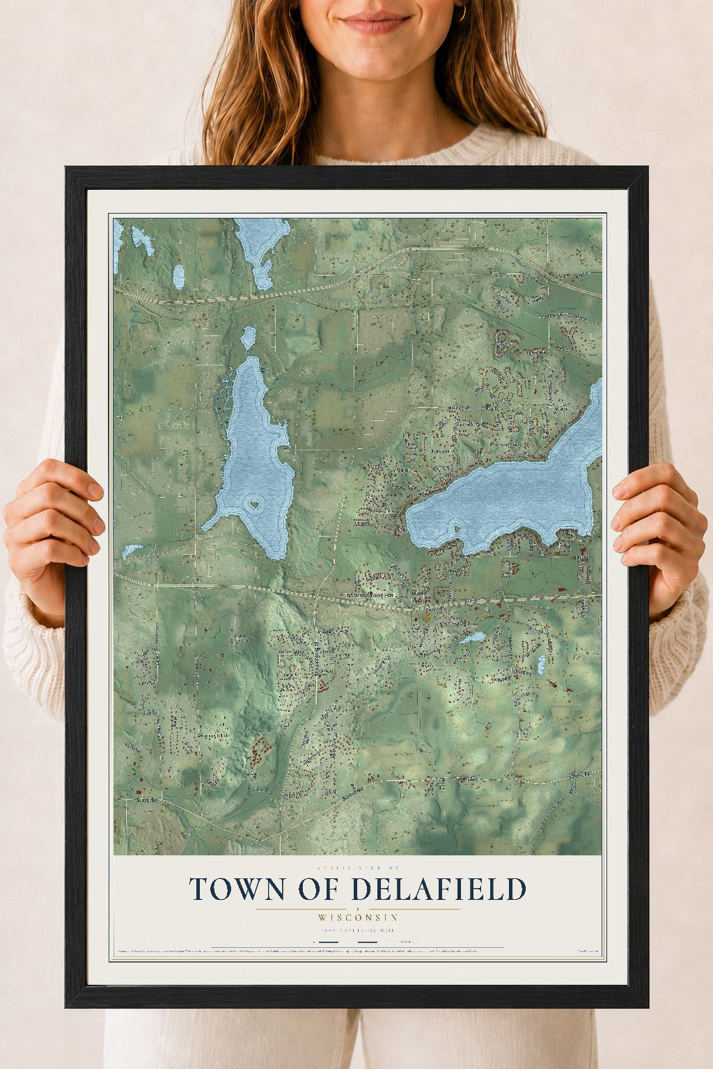 Map of the Town of Delafield, Wisconsin, 18 x 24 inch print in a black wood frame