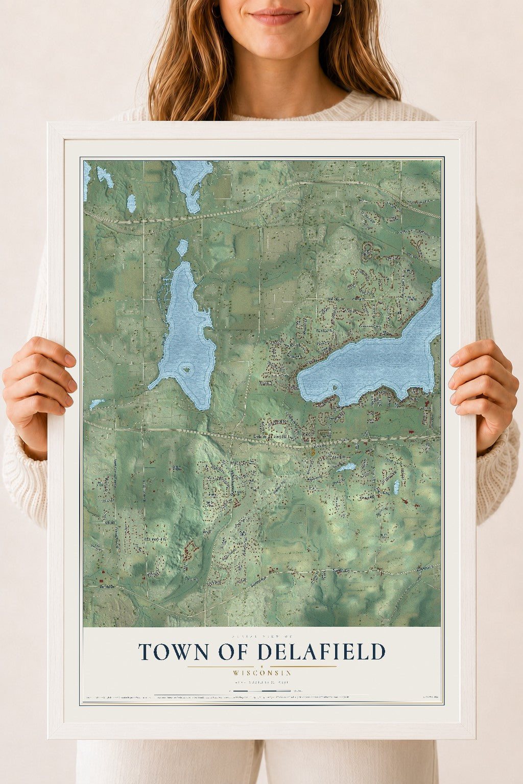 Map of the Town of Delafield, Wisconsin, 18 x 24 inch print in a white wood frame