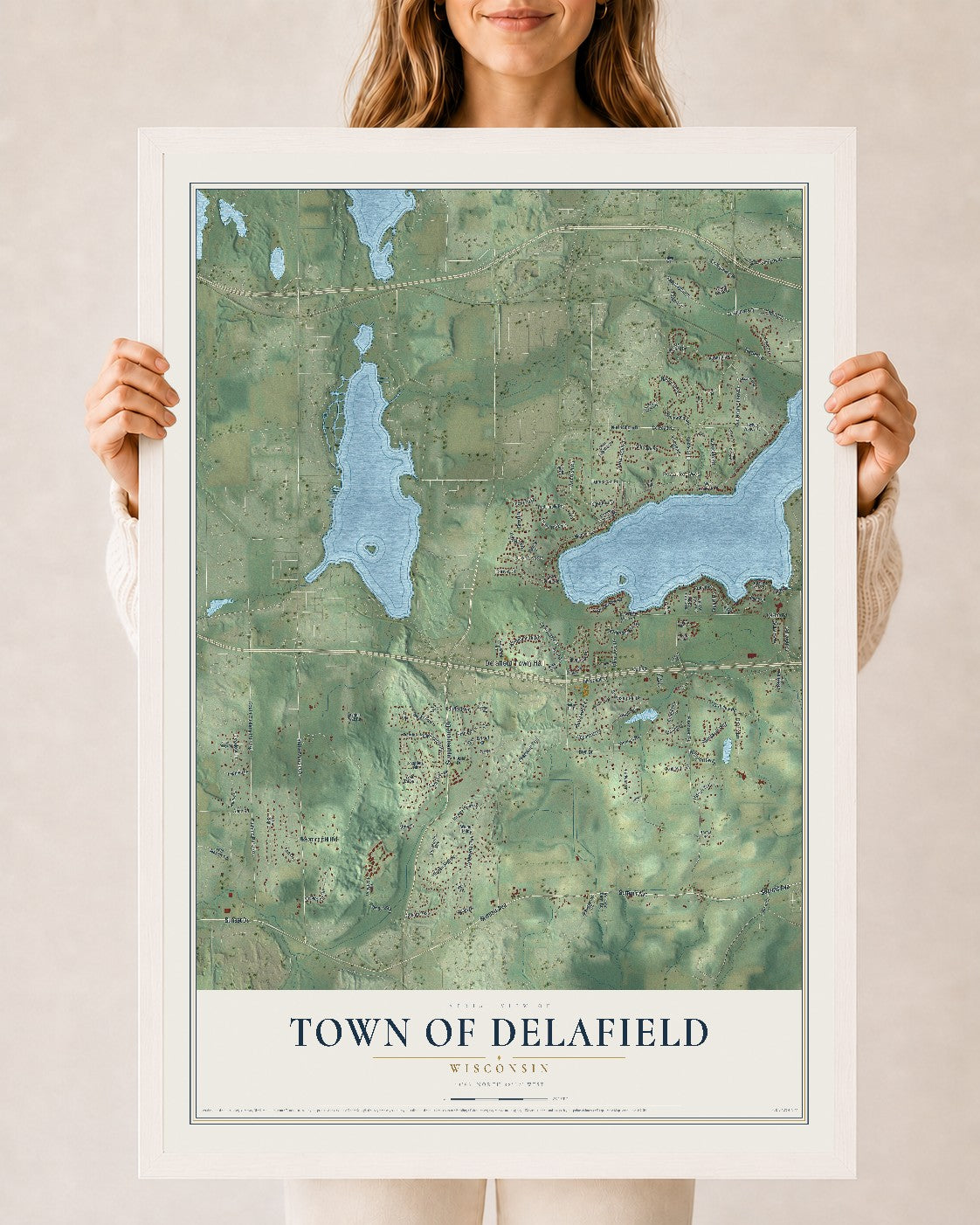 Map of the Town of Delafield, Wisconsin, 24 x 36 inch print in a white wood frame