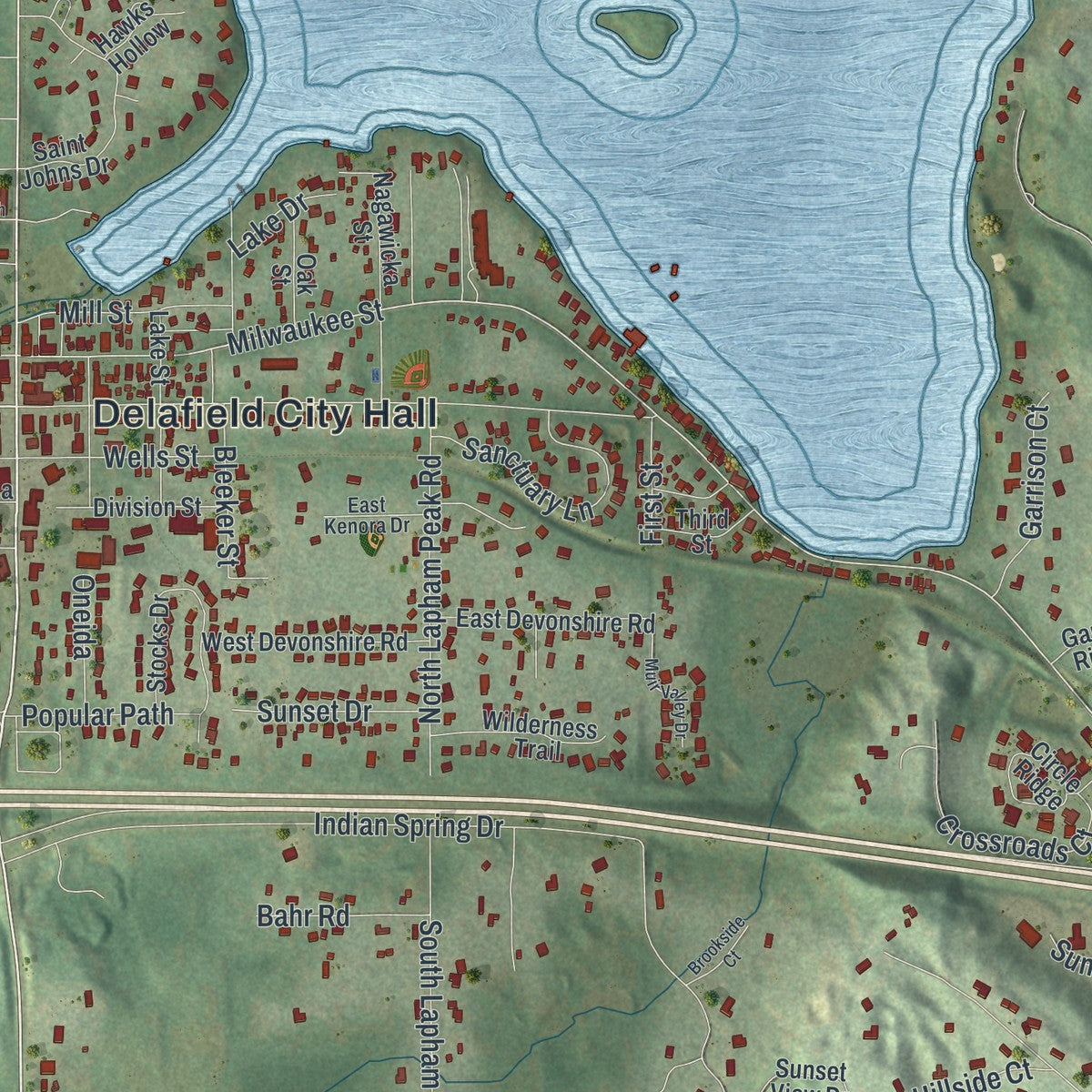 Close-up of the map of Delafield, Wisconsin print showing street and building detail