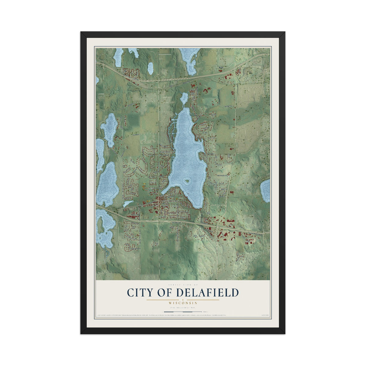 Map of Delafield, Wisconsin, 12 x 18 inch print in a black wood frame