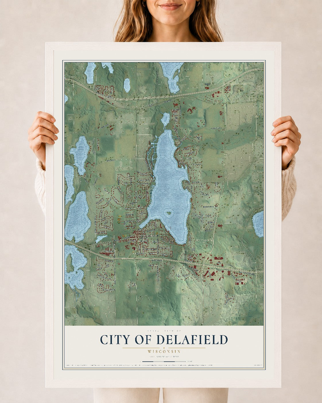 Map of Delafield, Wisconsin, 24 x 36 inch print in a white wood frame