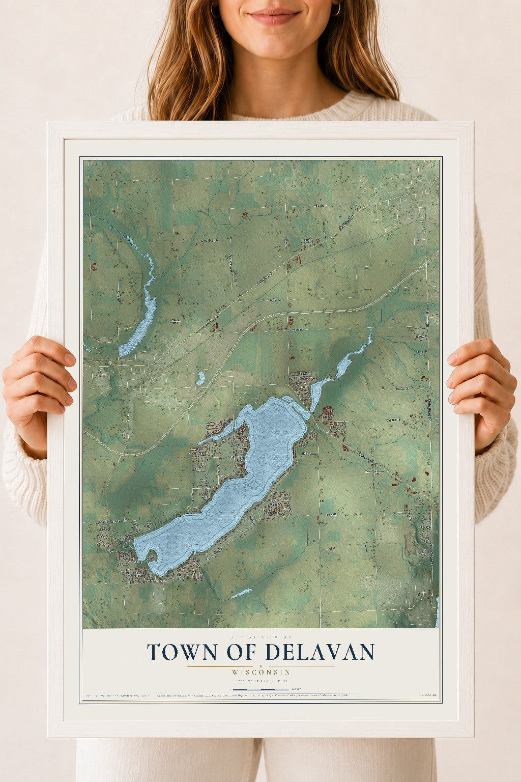 Map of the Town of Delavan, Wisconsin, 18 x 24 inch print in a white wood frame