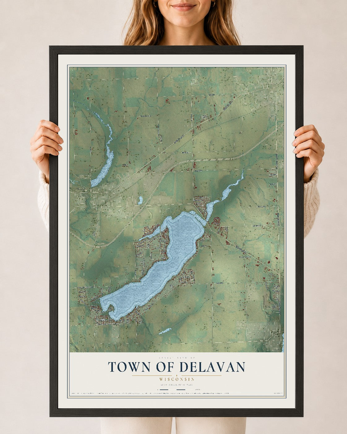 Map of the Town of Delavan, Wisconsin, 24 x 36 inch print in a black wood frame